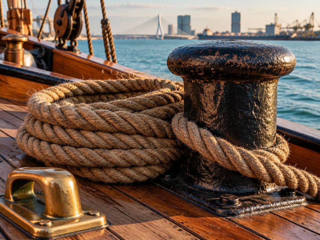 Scheepstouw, een stalen bolder en houten dek van een historisch schip