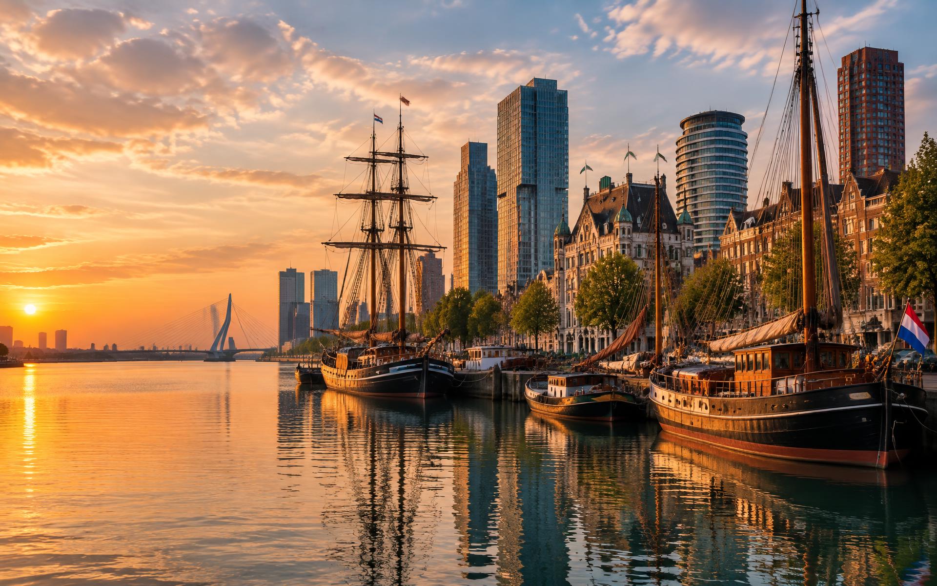 Historische zeilschepen en de Rotterdamse skyline in warm avondlicht