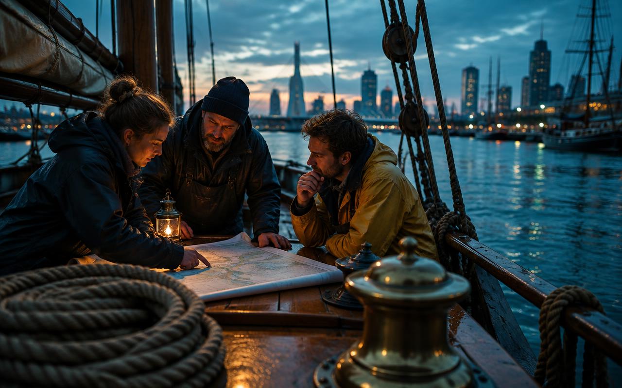 Vrijwilligers overleggen over een kaart op het dek van een historisch schip